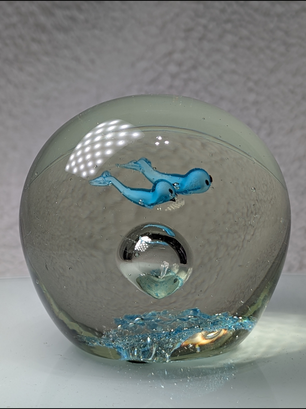 Vintage Clear Glass Controlled Bubble Paperweight Blue Dolphins Ocean Decor